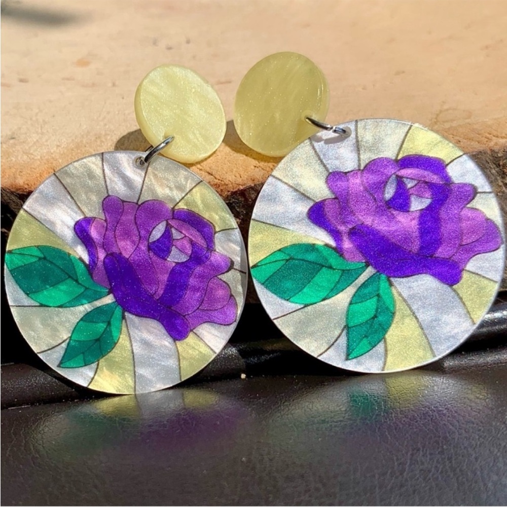 Purple Floral Faux Stained Glass Unique Chic Classy Women’s Jewelry Earrings
